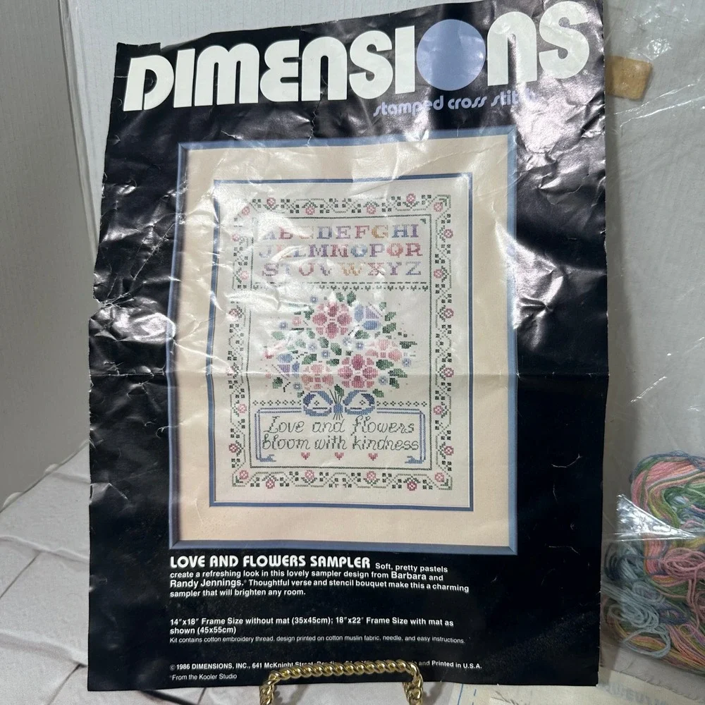 Vintage 1986 Dimensions‎ Stamped Cross Stitch Kit Love and Flowers Sampler 3064